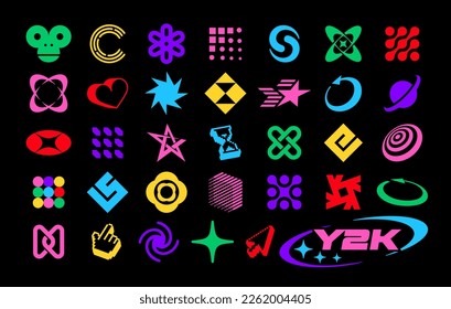 Set of retro y2k design elements. Silhouettes of various objects, different abstract brutalism shapes and forms. Vector symbol sign collection for posters, flyers, banners, stickers