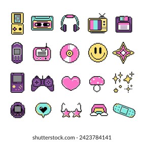 set of retro y2k elements in pixel art, vector illustration