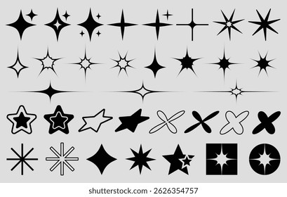 Set of retro y2k star and sparkle icons in black on gray background. Includes various shining symbols, bursts, glows, and abstract shapes perfect for stickers, badges, overlays, and graphic accents.