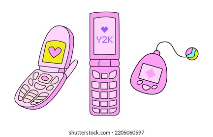 Set of retro y2k technologies: flip phones and tamagotchi. Cute pink telephones and game objects. Vector illustration in retrowave aesthetic