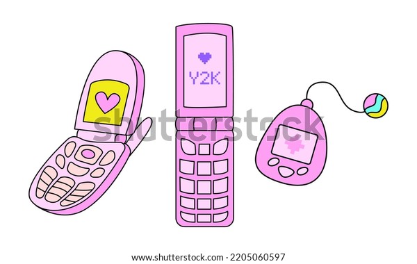 Set of retro y2k technologies: flip phones and\
tamagotchi. Cute pink telephones and game objects. Vector\
illustration in retrowave\
aesthetic