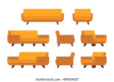 Set von Retro-gelbem Sofa und Sessel einzeln auf weißem Hintergrund. Cartoon-Vektorgrafik im Flachstil