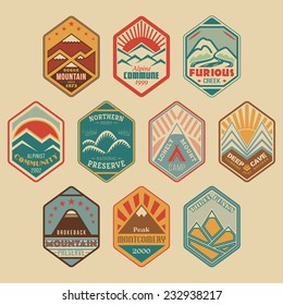 Set of retro-colored alpinist and mountain climbing outdoor activity vector logos. Logotype templates and badges with mountains, creeks, trees, sun, tent. National parks and nature exploration symbols