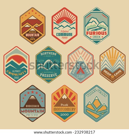 Set of retro-colored alpinist and mountain climbing outdoor activity vector logos. Logotype templates and badges with mountains, creeks, trees, sun, tent. National parks and nature exploration symbols
