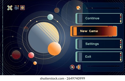 Conjunto de Elementos de Interface do Usuário Moderno Retrofuturismo. Sci Fi HUD para o menu principal. Modelo para interface de jogo. Ilustração de vetor EPS10