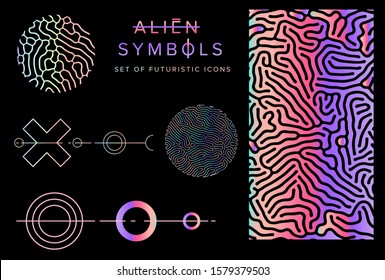 Set of retrofuturistic alien icons in holographic neon color palette on black background. Vaporwave, synthwave, synthpop aesthetics of 80s-90s  Yesterday’s tomorrow style.