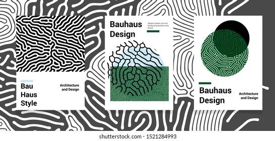 Set of retrofuturistic bauhaus poster templates with geometric black and green pattern. Abstract universal brochure in Hygge minimal style.