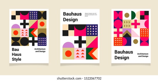 Set of retrofuturistic bauhaus poster templates with geometric colorful vivid pattern. Abstract universal brochure in swiss retro minimal style.