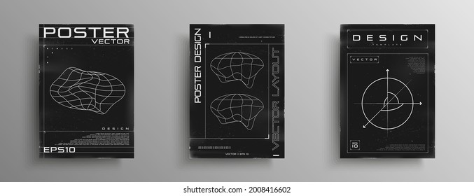 Set of retrofuturistic black and white posters with HUD elements, geometry 3D space in the form of a circle with three axes, and wireframe liquid distorted ellipse planet. Vector illustration.