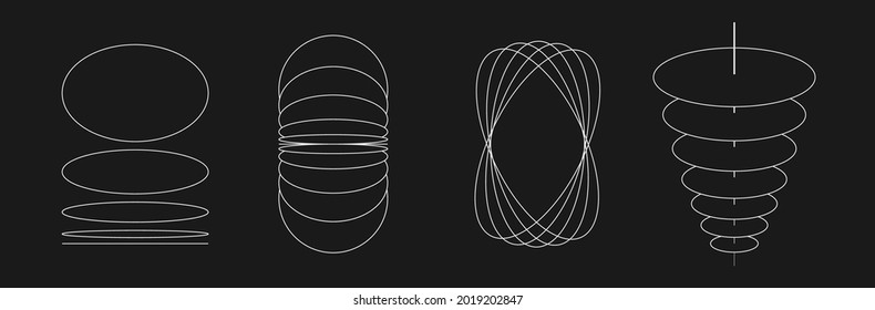 Set of retrofuturistic circle shapes. Cyber retro design elements. Collection of perspective circular in cyberpunk 80s style. Circle geometry for poster, cover retrowave style. Vector illustration.