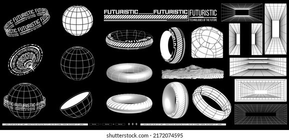 A set of retro-futuristic design elements. An abstract set of 3d figures, wireframes, cyberpunk in the style of the 80s, windows and perspective grid.  Items suitable for decoration cover, poster.