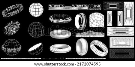A set of retro-futuristic design elements. An abstract set of 3d figures, wireframes, cyberpunk in the style of the 80s, windows and perspective grid.  Items suitable for decoration cover, poster.