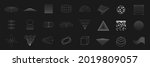 Set of retrofuturistic design elements. Collection of grids, cubes, perspectives, striped shapes, circular elements, polar grids, triangles in cyberpunk 80s style. Vector illustration.