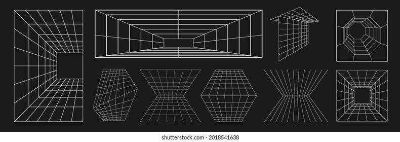 Set of retrofuturistic design elements. Collection of perspective grids, tunnels in cyberpunk 80s style. Cyber retrowave design elements for poster, cover, banners. Vector illustration.