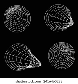 Set of retrofuturistic design elements. Collection of perspective grids, tunnels in cyberpunk 80s style. Cyber retrowave design elements for poster, cover, banners. Vector