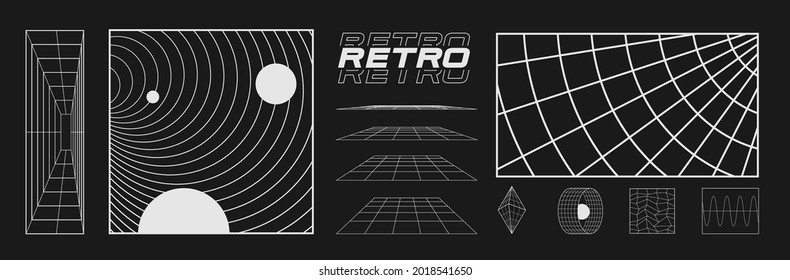 Set of retrofuturistic design elements, perspective grids, tunnel, RETRO title, polar grid, blackhole, bipyramide, circle portal in cyberpunk 80s style. Cyber retrowave. Vector illustration.