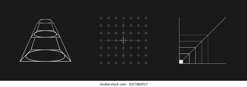 Set of retrofuturistic design elements. Retrofuturistic prism, HUD aim, coordinate scale in cyberpunk 80s style. Cyber design elements for poster, cover retrowave style. Vector illustration.