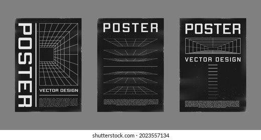 Set of retrofuturistic design posters. Cyberpunk 80s style posters with perspective grid tunnels. Shabby scratched flyer template for your design. Vector illustration.