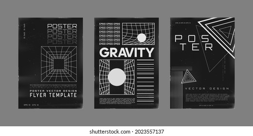 Set von retrofuturistischen Designplakaten. Cyberpunk-Poster im Stil der 80er Jahre mit Perspektivgittertunnel, Gravitationsvisualisierung, Dreiecksformen. Shabby-gekratzte Flugmaschine-Design. Vektorgrafik.