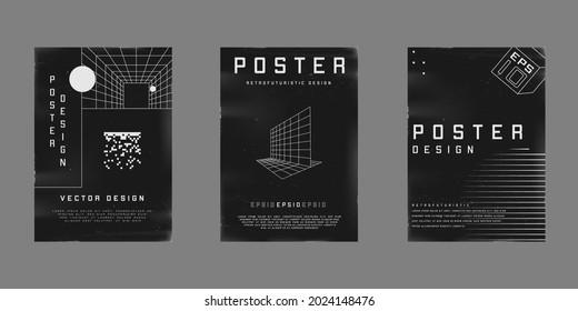 Set of retrofuturistic design posters. Cyberpunk 80s style posters with perspective grid tunnel, cube, and perspective laser grids. Shabby scratched flyer design. Vector illustration.