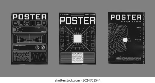 Set of retrofuturistic design posters. Cyberpunk 80s style posters with perspective grid tunnel, and liquid distorted grid. Shabby scratched flyer template for your design. Vector illustration.