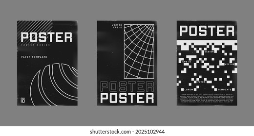 Set of retrofuturistic design posters. Cyberpunk 80s style posters with circle shapes, polar grids, and 8 bit pixel patterns. Shabby scratched flyer template for your design. Vector illustration.