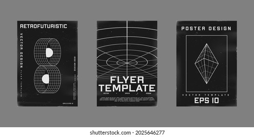 Set von retrofuturistischen Designplakaten. Cyberpunk-Poster im Stil der 80er Jahre mit Kreisportalen, perspektivischen Polareinrichtungen und Bipyramide. Shabby-gekratzte Flyer-Vorlage für Ihr Design. Vektorgrafik.