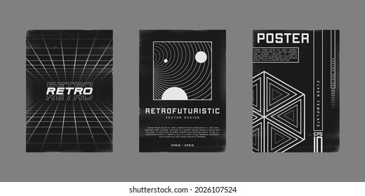 Set of retrofuturistic design posters. Cyberpunk 80s style posters with perspective grids, black hole tunnel, and hexagon shapes. Shabby scratched flyer template for your design. Vector illustration.