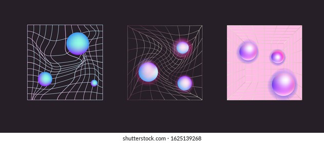 Set of retrofuturistic elements for design: laser grid with glowing neon spheres. Vaporwave and synthwave style illustration.