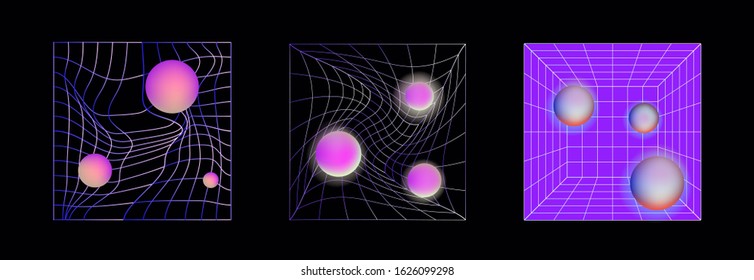Set of retrofuturistic elements for design: laser grid with glowing neon spheres. Vaporwave and synthwave style illustration.