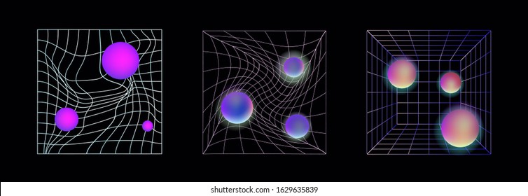 Set of retrofuturistic elements for design: laser grid with glowing neon spheres. Vaporwave and synthwave style illustration.