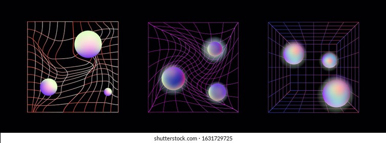 Set of retrofuturistic elements for design: laser grid with glowing neon spheres. Vaporwave and synthwave style illustration.