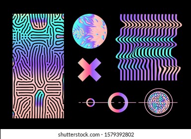 Set of retrofuturistic glitched elements in holographic neon color palette on black background. Vaporwave, synthwave, synthpop aesthetics of 80s-90s  Yesterday’s tomorrow style.