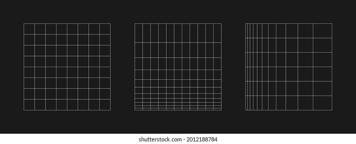 Set of retrofuturistic grid. Digital cyber retro design elements. Collection of grids in cyberpunk 80s style. Rectangular geometry for poster, cover, merch in retrowave style. Vector illustration.