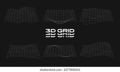 Set of retrofuturistic grid. Digital cyber retro design elements. Collection of grids in cyberpunk 80s style. Geometry for poster, cover, merch in retrowave style. Vector illustration.