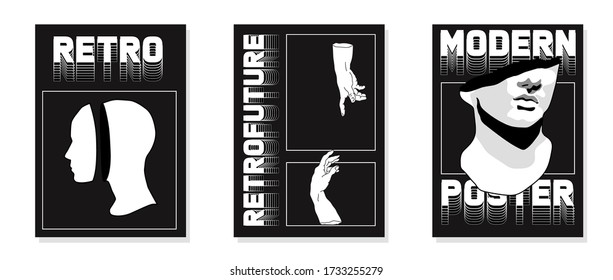 Set of retrofuturistic posters in black and white coloring with simple line art illustrations: hands of adam, ferns and colossal fragmentary head. Collection of flyers for club party and music event.