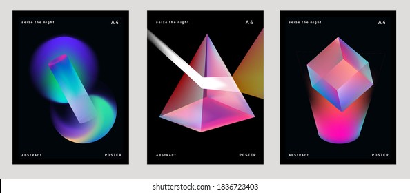 Set of retrofuturistic posters with glowing neon shapes: prism, pyramid, cube. Synthwave and retrowave style backgounds.