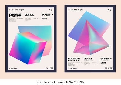 Set of retrofuturistic posters with glowing neon shapes: prism, pyramid, cube. Synthwave and vaporwave style backgounds for notebook or book covers.