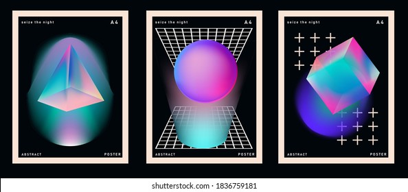 Set of retrofuturistic posters with glowing neon shapes: prism, pyramid, cube. Synthwave and retrowave style backgounds.