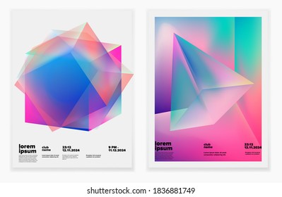 Set of retrofuturistic posters with glowing neon shapes: prism, pyramid, cube. Synthwave and vaporwave style backgounds for notebook or book covers.