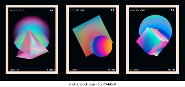 Set of retrofuturistic posters with glowing neon shapes: prism, pyramid, cube. Synthwave and retrowave style backgounds.