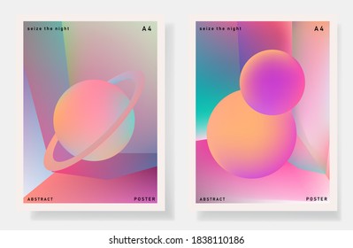 Set of retrofuturistic posters with glowing neon shapes. Synthwave and retrowave style backgounds.