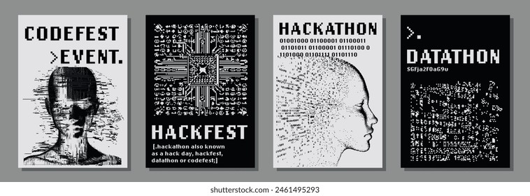 Set of retrofuturistic posters for hackathon (also known as a hack day, hackfest, datathon or codefest) event with set of 1-bit pixel art illustrations of human heads and glitched elements.