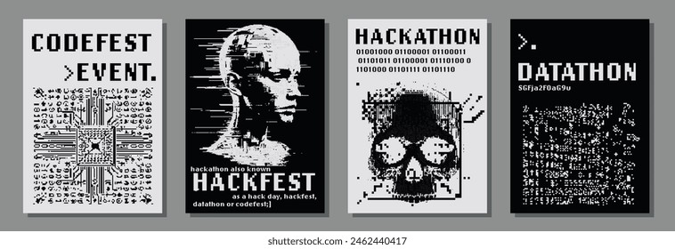 Set of retrofuturistic posters for hackathon (also known as a hack day, hackfest, datathon or codefest) event with pixel art illustrations of glitched human head and skull.