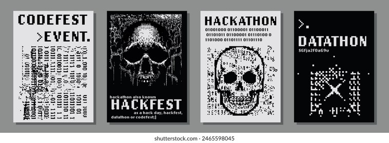 Set of retrofuturistic posters for hackathon (also known as a hack day, hackfest, datathon or codefest) event with pixel art illustrations of glitched skulls.