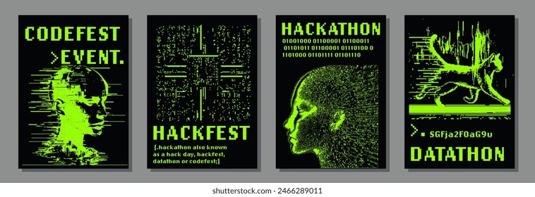 Set of retrofuturistic posters for hackathon (also known as a hack day, hackfest, datathon or codefest) event with set of pixel art illustrations of human heads and other glitched elements.