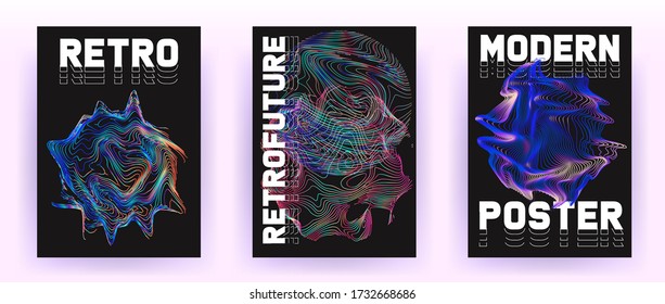 Set of retrofuturistic posters with holographic chromatic shapes in rainbow colors. Synthwave and vaporwave style covers for music party event and club invitation.