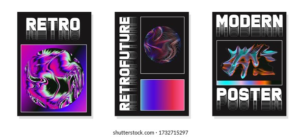 Set of retrofuturistic posters with holographic chromatic shapes in rainbow colors. Synthwave and vaporwave style covers for music party event and club invitation.
