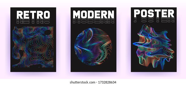 Set of retrofuturistic posters with holographic chromatic shapes in rainbow colors. Synthwave and vaporwave style covers for music party event and club invitation.