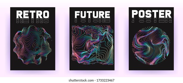 Set of retrofuturistic posters with holographic chromatic shapes in rainbow colors. Synthwave and vaporwave style covers for music party event and club invitation.